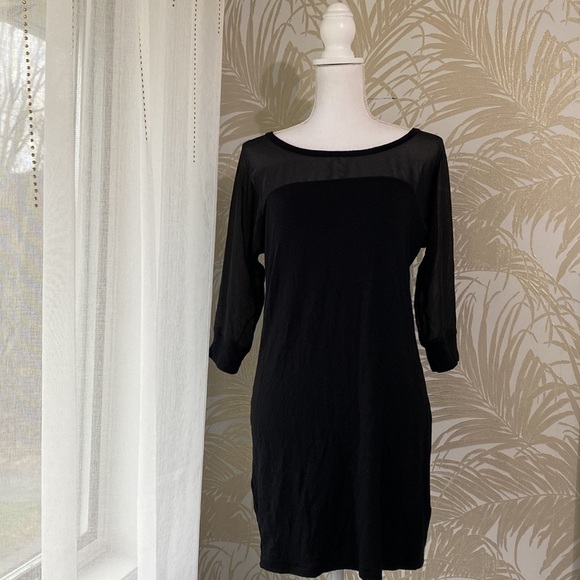 Splendid Womens Black Mesh Knit Shift Dress Modal 7/8 Sleeve Sheer Panel Size SP - Picture 3 of 9